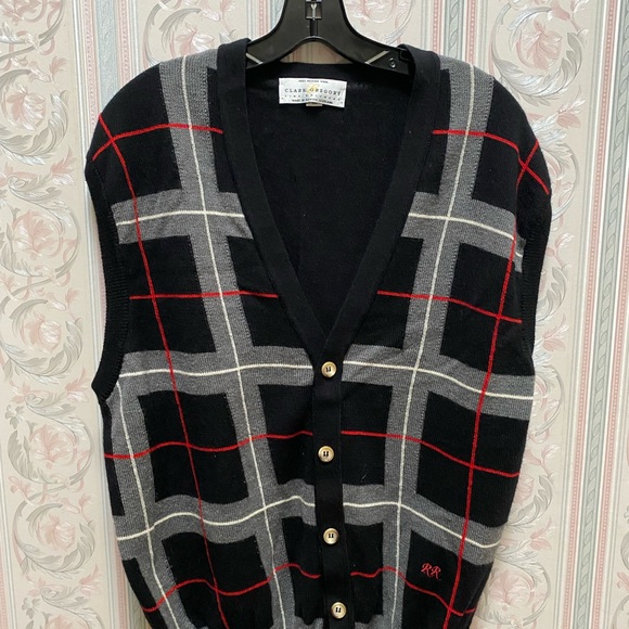 VINTAGE Clark Gregory Sweater Men MED Black Vest Cardigan Argyle Scotland - Picture 5 of 14